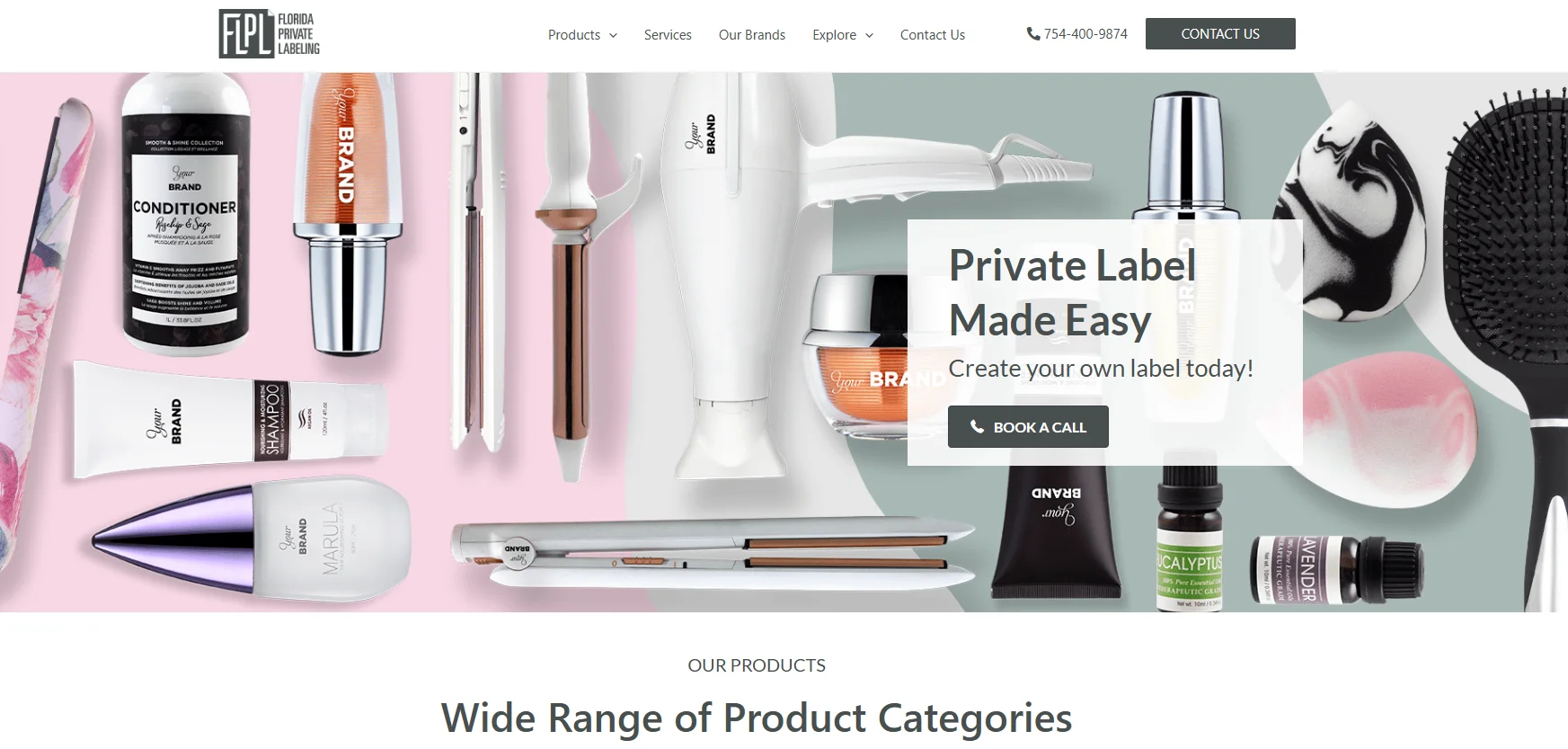 Collection of beauty and hair styling products labeled 'Your Brand' displayed alongside a message promoting private labeling.